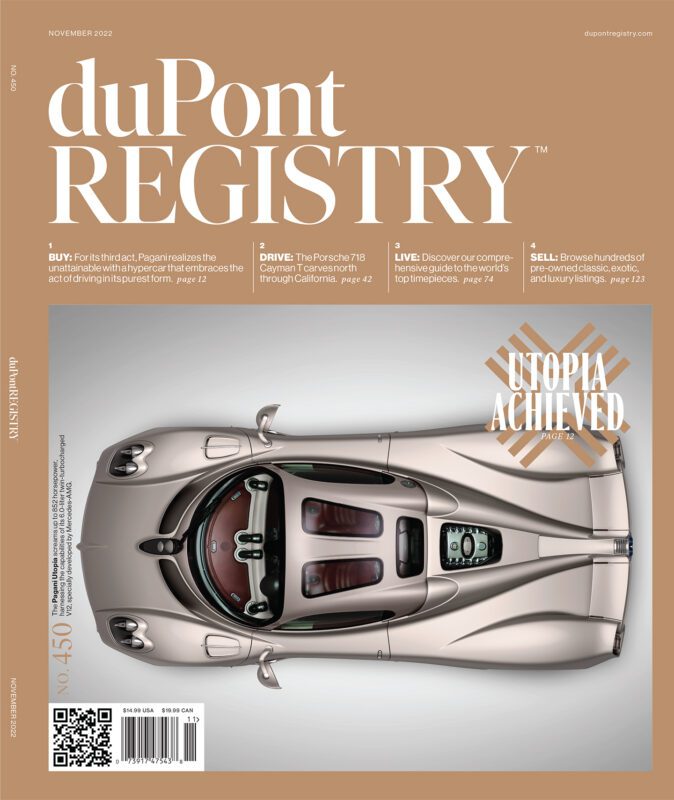 Top-down view of a silver sports car on the 40th Anniversary cover of duPont REGISTRY magazine, November 2022 issue, with the headline "Utopia Achieved.