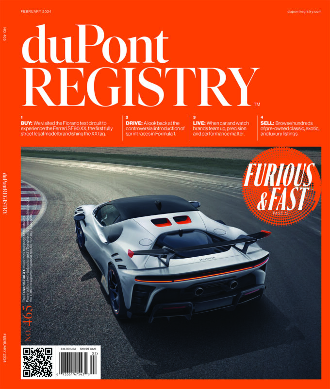 A silver Ferrari SF90 XX Stradale races on a track, featured as a Cover Car on the February 2024 duPont REGISTRY magazine, celebrating the 40th Anniversary with bold orange headline text.