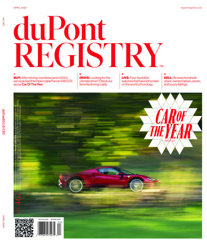 A red Ferrari 296 GTS speeds along a blurred, green backdrop; "duPont REGISTRY" and "Car of the Year" headline this special 40th Anniversary magazine cover.
