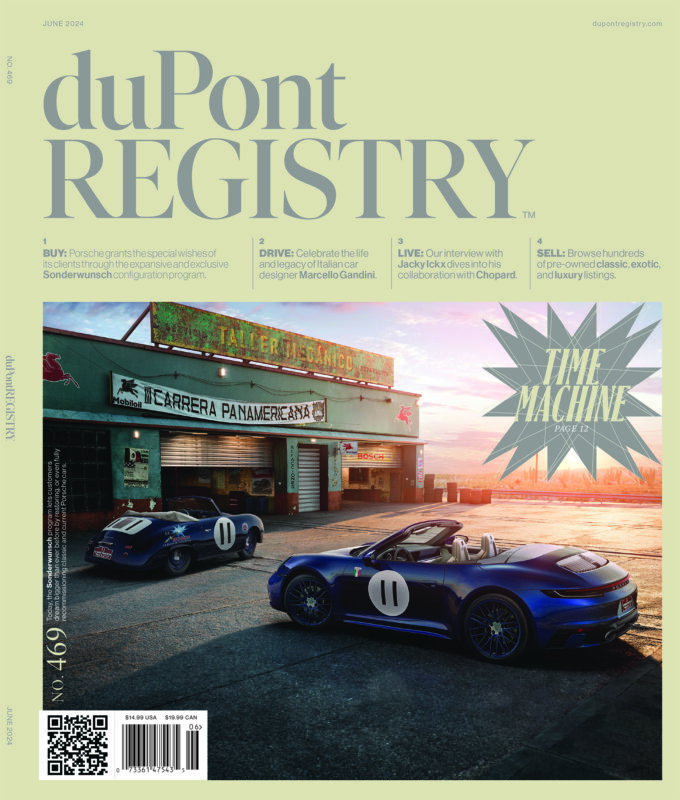 Cover of duPont REGISTRY’s 40th Anniversary June 2024 issue featuring two blue Porsche Cover Cars with racing numbers parked in front of a retro-style garage.