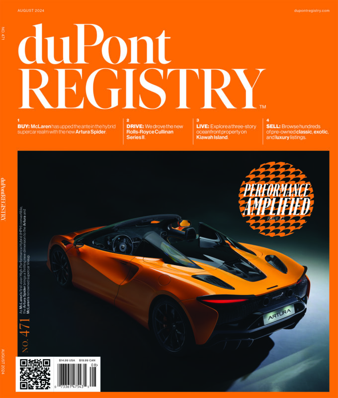 Cover of duPont REGISTRY magazine's 40th Anniversary issue featuring an orange McLaren Artura Spider sports car with the headline "PERFORMANCE AMPLIFIED" and list of Cover Cars and featured topics for August 2024.