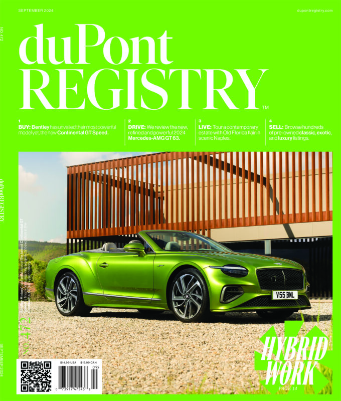 A bright green Bentley Continental GT Speed convertible, a true duPont REGISTRY Cover Car, is parked in front of a modern wood-clad building under a sunny sky. The car features the license plate "V55 BWL.