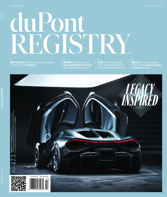 Cover Cars grace the duPont REGISTRY October 2024 issue, celebrating its 40th Anniversary with a striking rear view of a Bugatti sports car, doors open wide, beneath the headline "LEGACY INSPIRED.