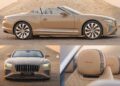 A tan Bentley GTC Azure convertible is parked on a sandy landscape, shown in side, front, and interior detail views with “Azure” stitched on the headrests—a striking sight from Mulliner’s exclusive Qatar Edition.