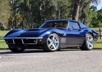 A dark blue Corvette Restomod classic Chevrolet sports car is parked on a paved road with trees and grass in the background, as seen at Mecum Kissimmee supporting Curing Kids Cancer.