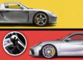 Two silver Porsche Carrera GT sports cars are shown in profile against yellow and red backgrounds, with an inset photo of a manual gear shift lever—a modern match of power and style.